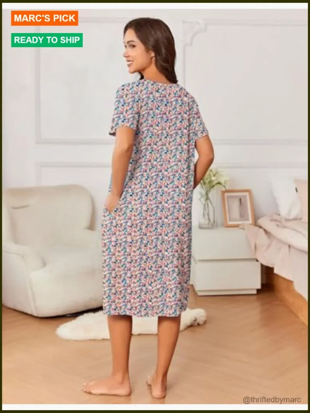 Loose Fit Nightgown with Pockets Short Sleeve Lounge Dress Pleated Front Midi